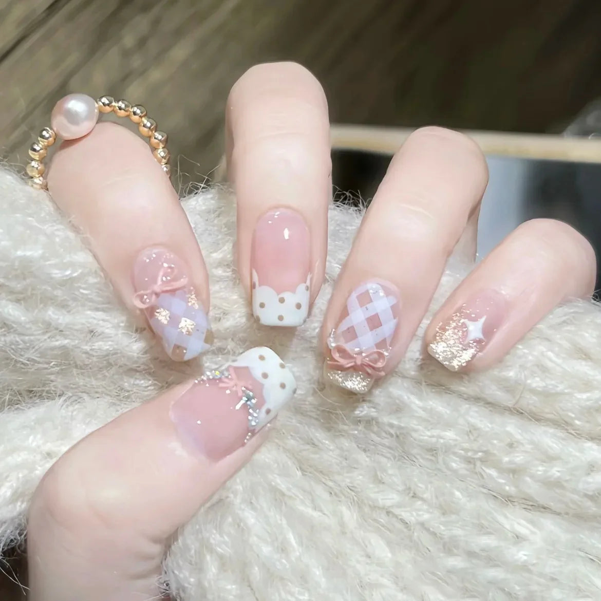 10Pcs Mid-length Ballet Square Head Manicure Art French White Edge Flowers Designs Sweet Coffin Beauty Nails Wearable Fake Nails