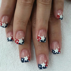 24pcs/set short square fake nails for US Independence Day blue red white star strawberry with glitter press on false nail tips