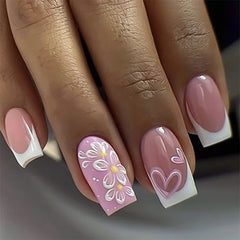 24Pcs Gradient White Fake Nail with Flowers Pattern Design Simple French False Nails Tips Short Suqare Head Press on Nails