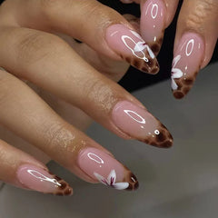 24Pcs 3D Fake Nail Long Almond False Nails with Flower Leopard Print Design Stiletto Detachable Nail Art Tips Press on Nails