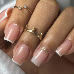 24Pcs Wearable Fake Nail Art Tips Short Square Head Press on Nails Simple White French False Nails Detachable Finished Manicure