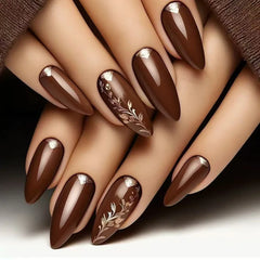 24Pcs Brown Maple Leaves Design Press on False Nails Long Almond Nails Set with Diamond Detachable Retro Fake Nail Tip for Women
