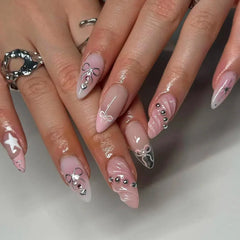 24Pcs Simple Almond Fake Nails Art with Jelly Glue White French Press on False Nails 3D Golden Stripes Design Wearable Nail Tips