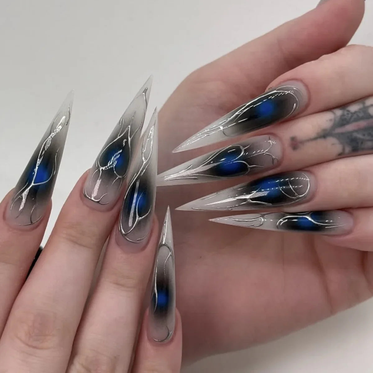 24pcs Gothic Dark Style Fake Nail Tips Punk Metal Butterfly Almond Press on Nail Wearable Detachable Spice Girl False Nails