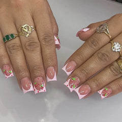 24Pcs Fashion White French Fake Nails with Pink Bow Design Short Square Head False Nails Wearable Simple Press on Nail Tips