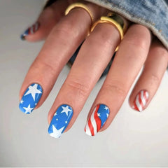 24pcs/set short square fake nails for US Independence Day blue red white star strawberry with glitter press on false nail tips