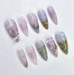 24pcs Short Almond Press on Nails 3D Flower Butterfly Fake Nails with Glue Colorful Natural Acrylic False Nails Full Cover Nails
