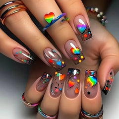 24pcs/set Medium long square fake nails for women girls cute heart flowers feather butterfly design press on false nail art tips