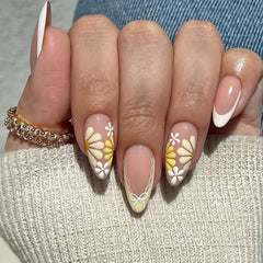 24Pcs Almond Press on Fake Nails Mid-length Round Head Nails Set with Yellow Flowers Designs Wearable French False Nail Tips