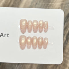 10Pcs Handmande Mid-length Almond False Nails Full Cover Glitter Pink Cat Eye Designs Nail Tips Reusable French Finished Nail