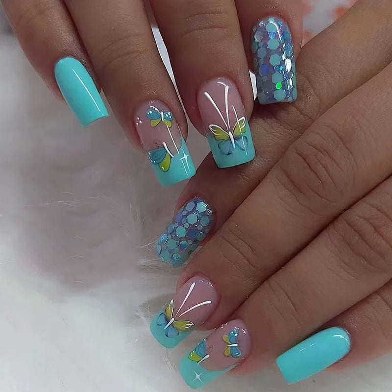 24pcs/set short square fake nails flowers leaf design for summer halloween faux ongles nail tips press on acrylic false nail art
