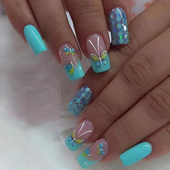 24pcs/set short square fake nails flowers leaf design for summer halloween faux ongles nail tips press on acrylic false nail art