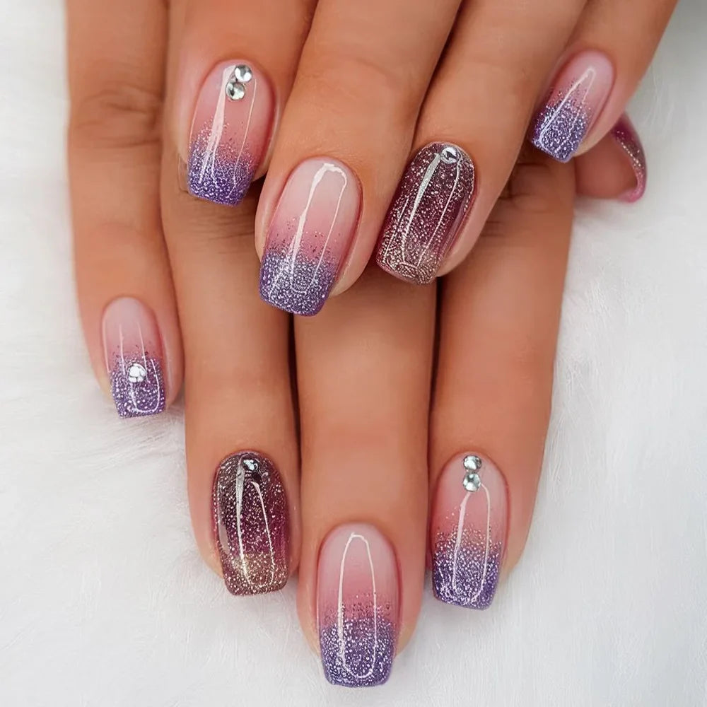 24Pcs Glitter French Fake Nails with Broken Diamond Colorful Aurora Sequin Press on False Nails Tips Wearable Ballet Manicure