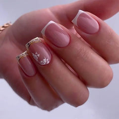 24Pcs Short Square Head Press on Fake Nails Simple French False Nails Art with White Leaves Design Wearable Full Cover Nail Tips