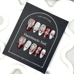 10pcs Handmade Press On Nails Baroque Bowknot Design False Nails Wearable Crystal Red French Almond Shaped Fake Nail Tips