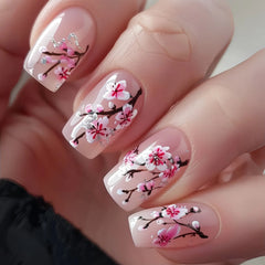 24pcs/set short medium long fake nails for Spring summer season gradient peach flowers butterfly heart press on false nail art