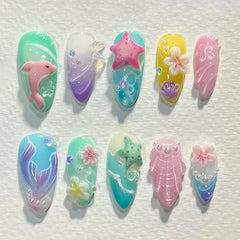 24Pcs 3D Green Ripple Design False Nails Cat's Eye French Almond Fake Nail Tips Leaves Pattern Removable Oval Press on Nails