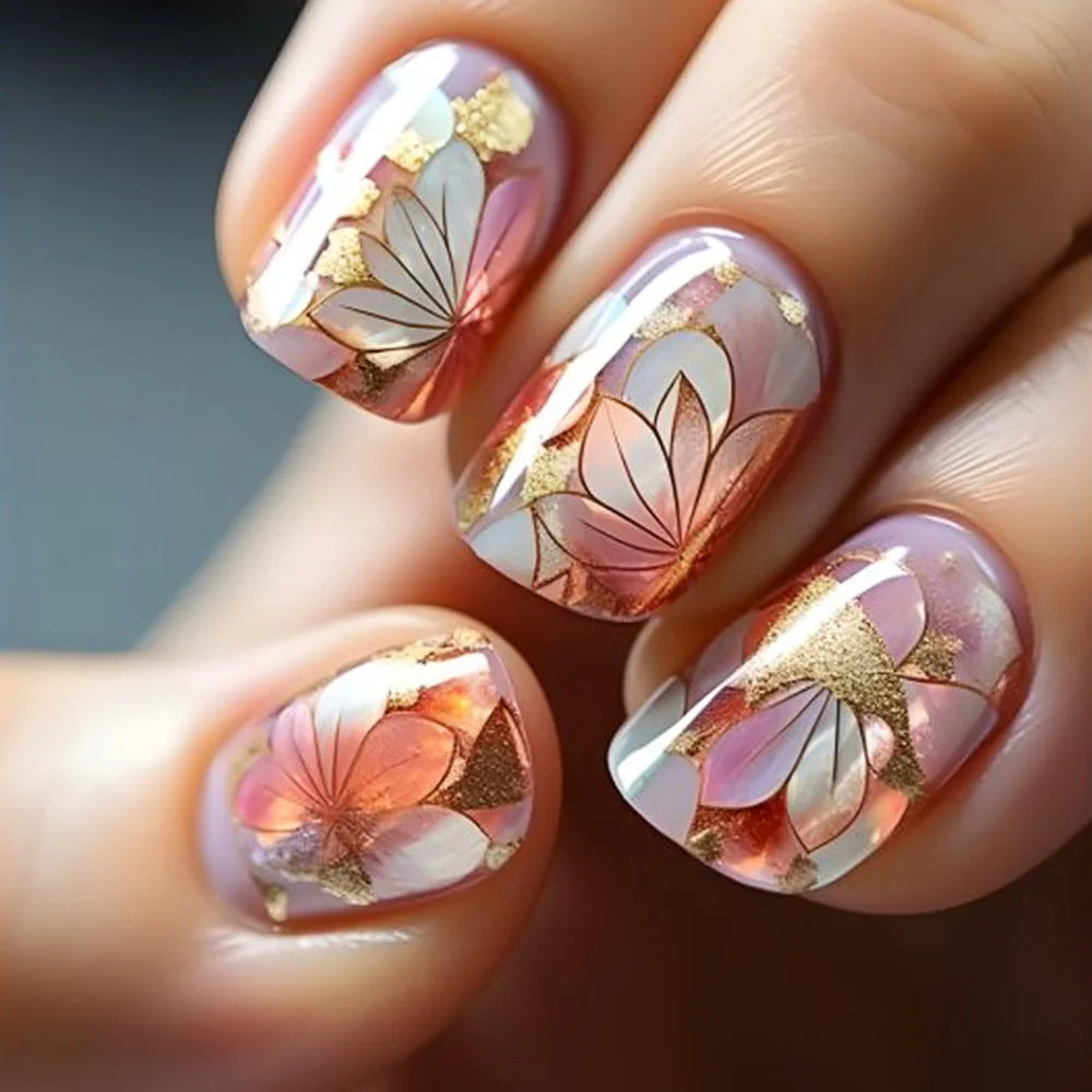 24Pcs Fashion Fake Nails Tips Marbling Design Short Square Head Press on False Nails Retro Brown Wearable Nails Set Manicure