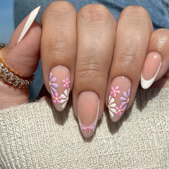 24Pcs Almond Press on Fake Nails Mid-length Round Head Nails Set with Yellow Flowers Designs Wearable French False Nail Tips