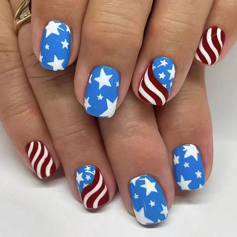 24pcs/set short square fake nails for US Independence Day blue red white star strawberry with glitter press on false nail tips
