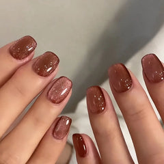 24Pcs Cat's Eye Solid Color Red Fake Nail Simple Short Square Head Press on False Nails Wearable Finished Fingernails Manicure