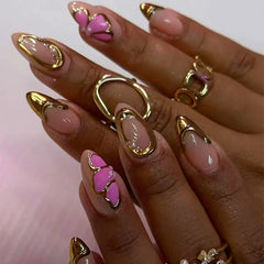 24Pcs Simple French Nails Art Tips Fake Nails 3D Design Wearable Full Cover False Nail Mid-length Almond Reusable Press on Nails