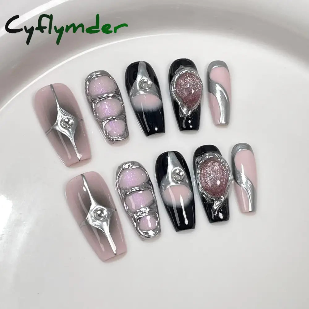 Cyflymder 10Pcs Black Handmade Press On Nails Coffin Fake Nails Full Cover Gradient Metal Contrast Artificial Manicure Wearable Nail Tips