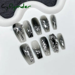 Cyflymder 10Pcs Black Handmade Press On Nails Coffin Fake Nails Full Cover Gradient Metal Contrast Artificial Manicure Wearable Nail Tips