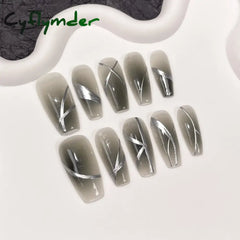 Cyflymder 10Pcs Black Handmade Press On Nails Coffin Fake Nails Full Cover Gradient Metal Contrast Artificial Manicure Wearable Nail Tips