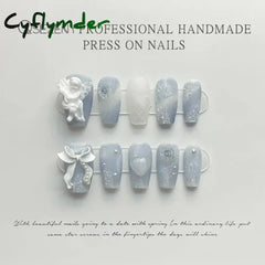 Cyflymder 10Pcs Blue Handmade Press On Nails Set Ballet Wearable Artificial False Nails Decoration Nail Art Manicure Fake Nails Tips Art