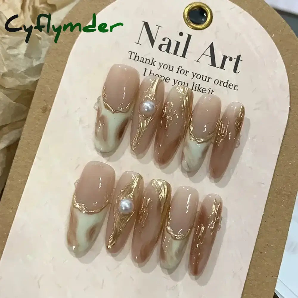 Cyflymder 10pcs detachable almond handmade false nails ballet wearable Maillard style artificial nail with glue fall winter press on nails