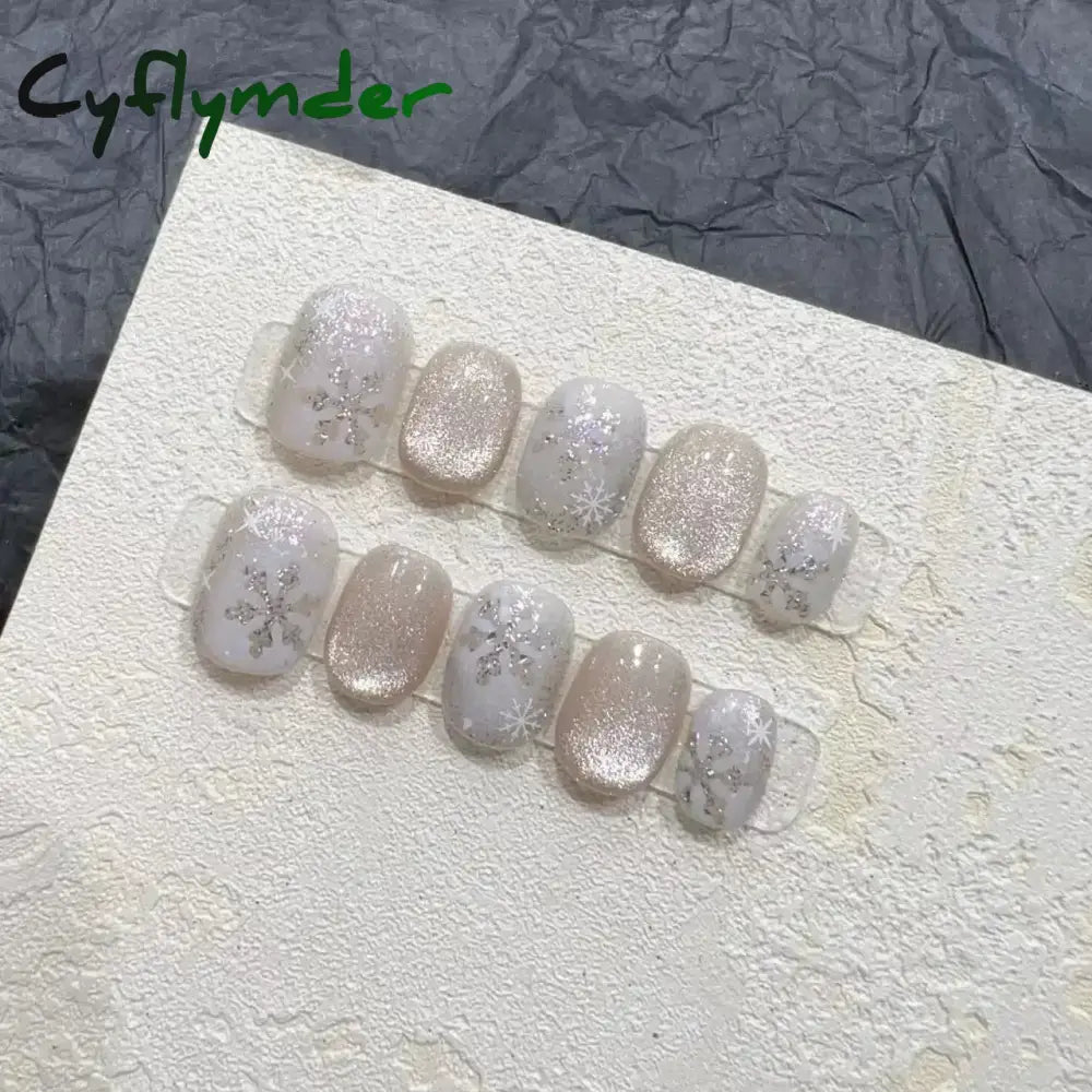 Cyflymder 10pcs Handmade Acrylic Cat Eyes Butterfly Rhinestones Snowflakes Press on Nails Short Full Cover Glitter Artificial Nails Glue