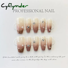 Cyflymder 10Pcs Tulips Handmade False Press On Nails French with Rhinestones Full Cover Ballerina Fake Nails Wearable Decoration Nail Tips