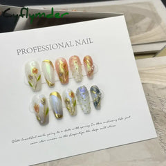 Cyflymder 10Pcs Tulips Handmade False Press On Nails French with Rhinestones Full Cover Ballerina Fake Nails Wearable Decoration Nail Tips