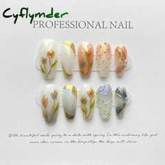 Cyflymder 10Pcs Tulips Handmade False Press On Nails French with Rhinestones Full Cover Ballerina Fake Nails Wearable Decoration Nail Tips