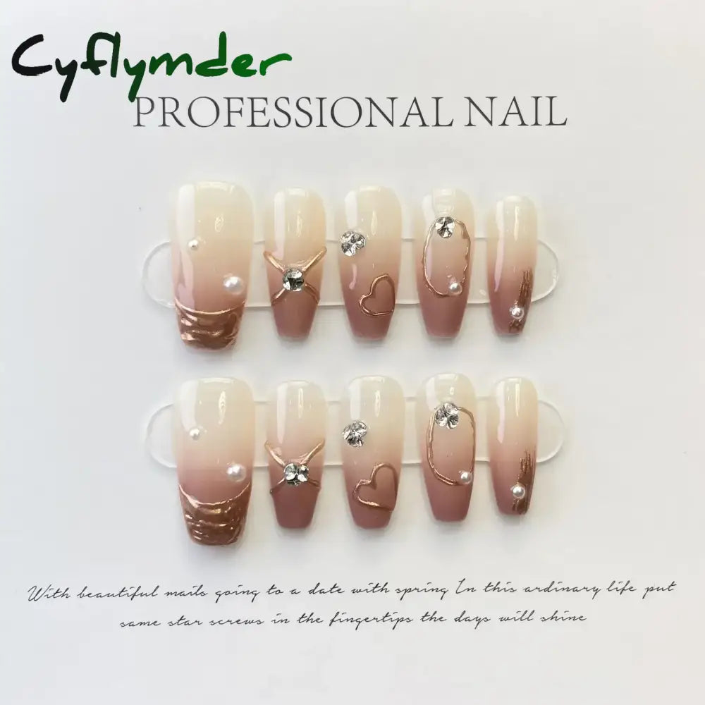 Cyflymder 10Pcs Tulips Handmade False Press On Nails French with Rhinestones Full Cover Ballerina Fake Nails Wearable Decoration Nail Tips