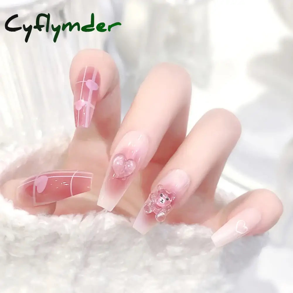 Cyflymder 24p Purple Gradient False Nails Long 3D Bow Diamond Fake Nails Art Full Coverage Detachable Artificial Press on Nail with Tools