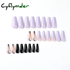 Cyflymder 24Pcs Acrylic False Nails with Glue Wave Line Designs Long Ballet Fake Nails Gradient Coffin Full Cover Nail Tips Press on Nails