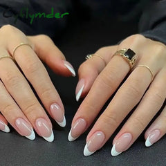 Cyflymder 24Pcs Almond French Fake Nails with Glue Simple Oval False Nails Press on Nails Wearable Finished DIY Full Cover Nail Tips