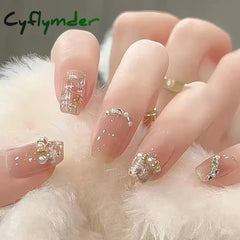Cyflymder 24Pcs Black Bow Detachable Fingernails Ballerina Wearable Fake Nails Press on Square Head False Nails Full Cover Nail Tips