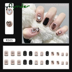 Cyflymder 24pcs Black Heart Coffin Cute Kawaii Press On Nail Tips Finished Full Cover Artificial Fake Nails Seamless Removable False Nails