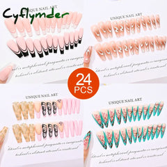 Cyflymder 24pcs/box Fake Nail Long Ballet Reusable Acrylic Press On Nails Artificial Nails Full Cover False Nail Tips with Jelly Stickers