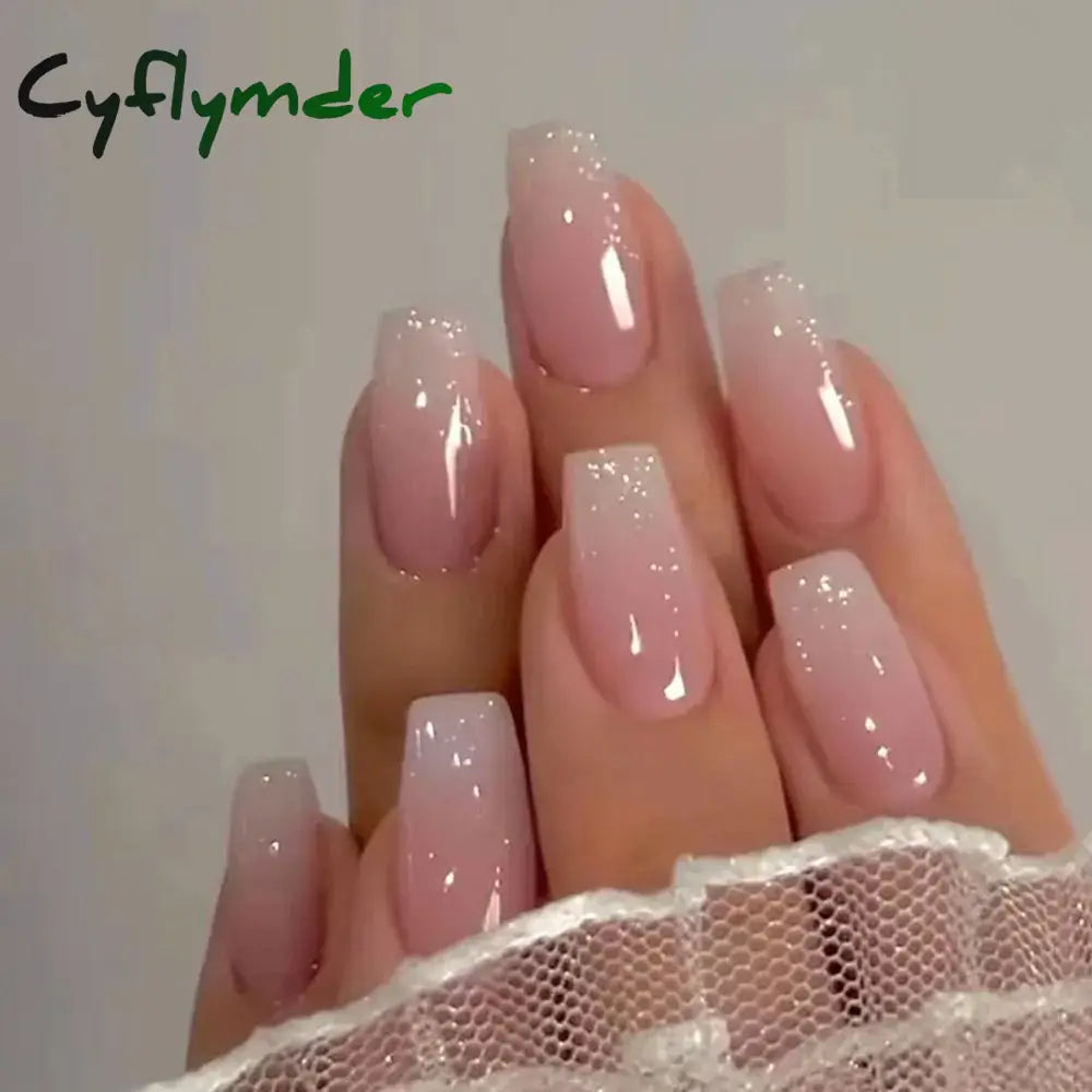 Cyflymder 24Pcs/Box Gradient Pink Nail Tips Detachable Glitter Fake Nails Long Ballerina False Nails Full Cover Press on Nails Women Gifts