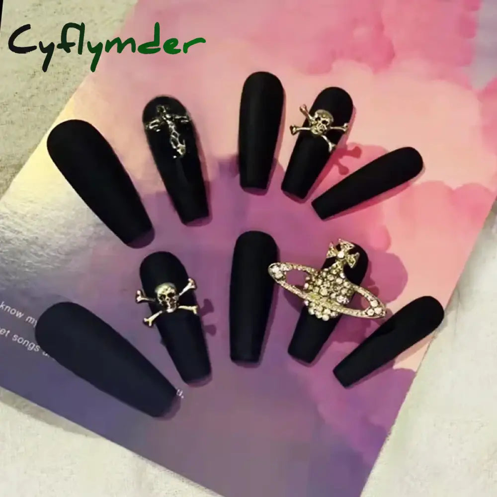 Cyflymder 24pcs Butterfly flower decorated false nails Removable full cover luxury rhinestones acrylic press on nails fake nails with glue
