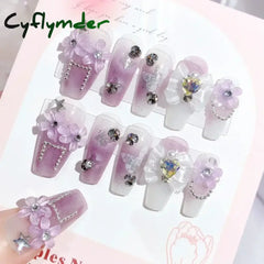 Cyflymder 24pcs Butterfly flower decorated false nails Removable full cover luxury rhinestones acrylic press on nails fake nails with glue