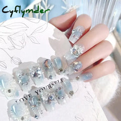 Cyflymder 24pcs Butterfly flower decorated false nails Removable full cover luxury rhinestones acrylic press on nails fake nails with glue
