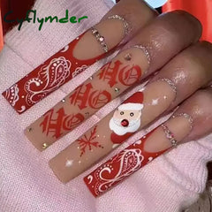 Cyflymder 24Pcs Christmas Exclusive False Nails Wearable Long Xmas Style Fake Nails Elk Snowflake Design Full Cover Press on Nail tips