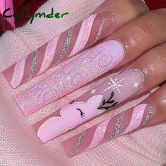 Cyflymder 24Pcs Christmas Exclusive False Nails Wearable Long Xmas Style Fake Nails Elk Snowflake Design Full Cover Press on Nail tips