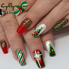 Cyflymder 24Pcs Christmas Exclusive False Nails Wearable Long Xmas Style Fake Nails Elk Snowflake Design Full Cover Press on Nail tips