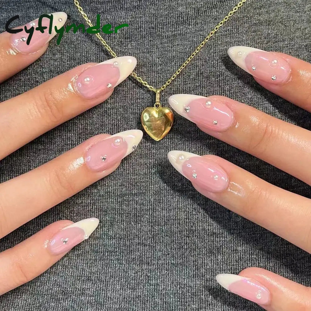 Cyflymder 24Pcs Detachable Almond False Nails with Pearl Decoration Elegant Designs French Fake Nails Full Nail Art Tips Press On Nails